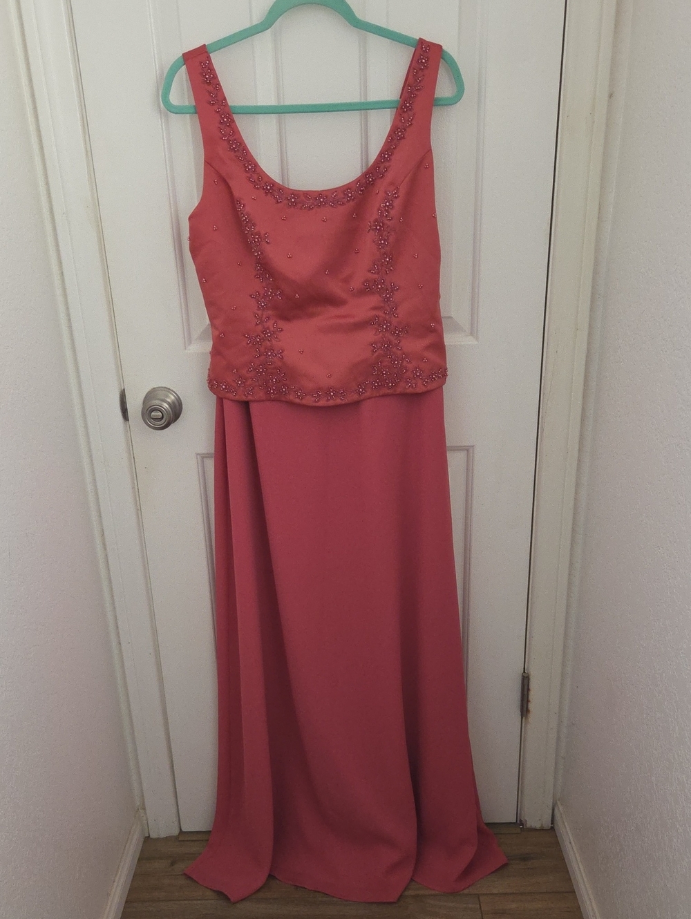 Michaelangelo Coral Pink Beaded Scoop-Neck Maxi Dress